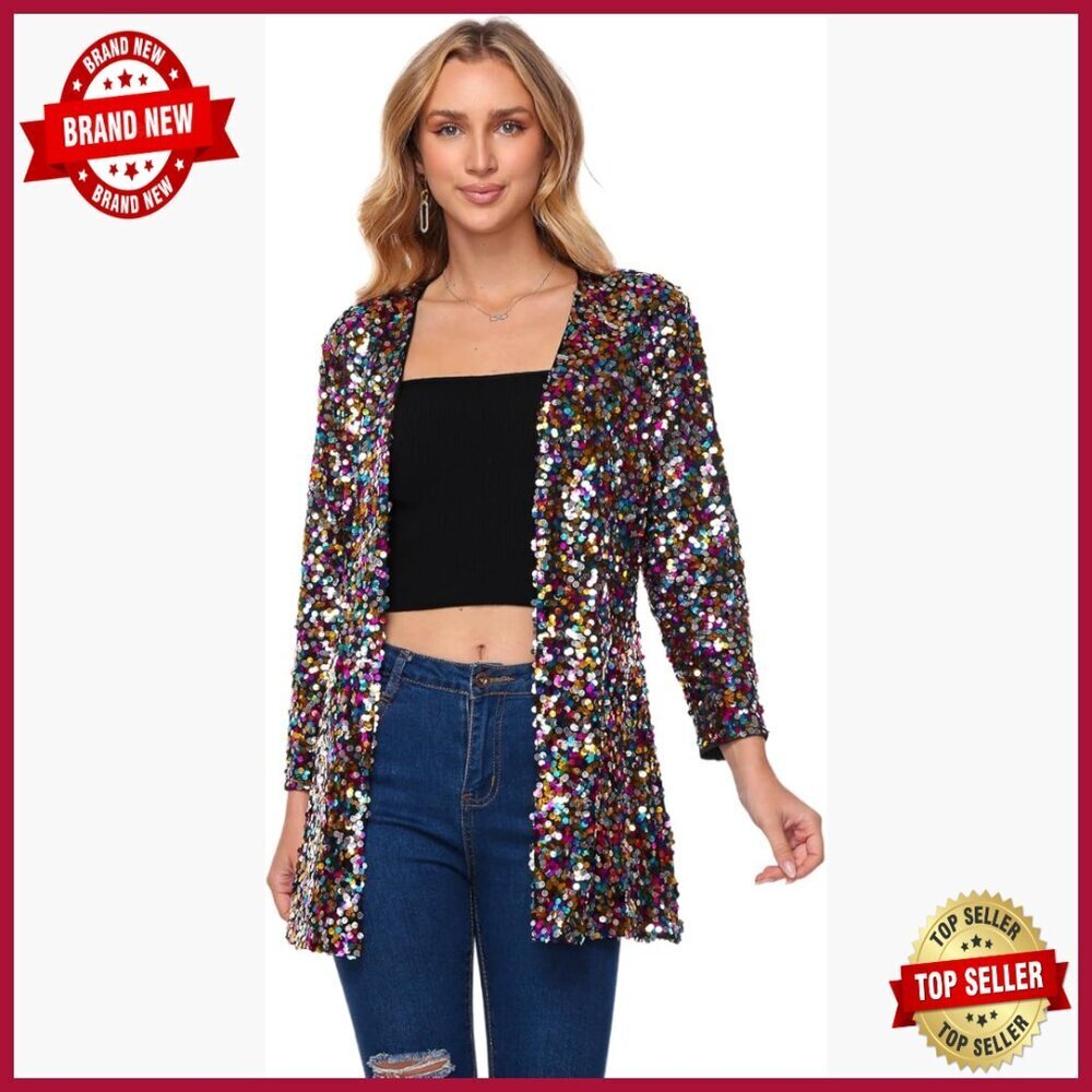 Large Sequin Blazer Open Front Sparkling Party Jacket Polyester